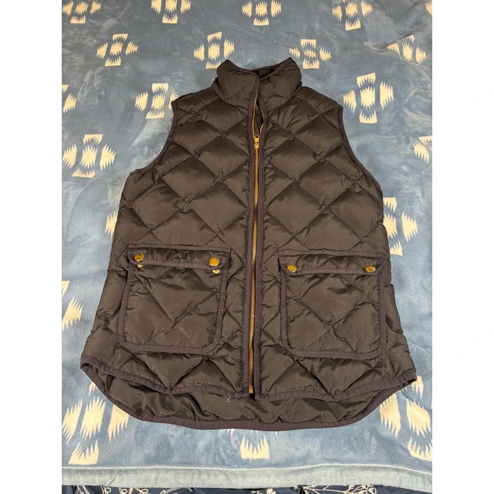 J.Crew Mens Diamond Quilted Puffer Vest Black XS Gold Zip Flap Pockets